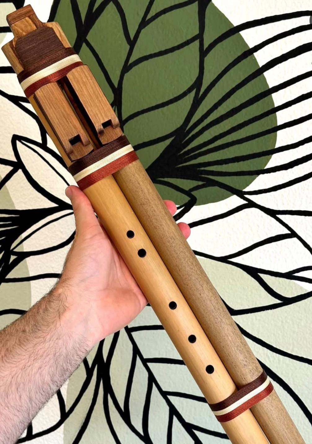 Shamanic Double Drone Flute – Bamboo & Wood – Key of Am or Fm