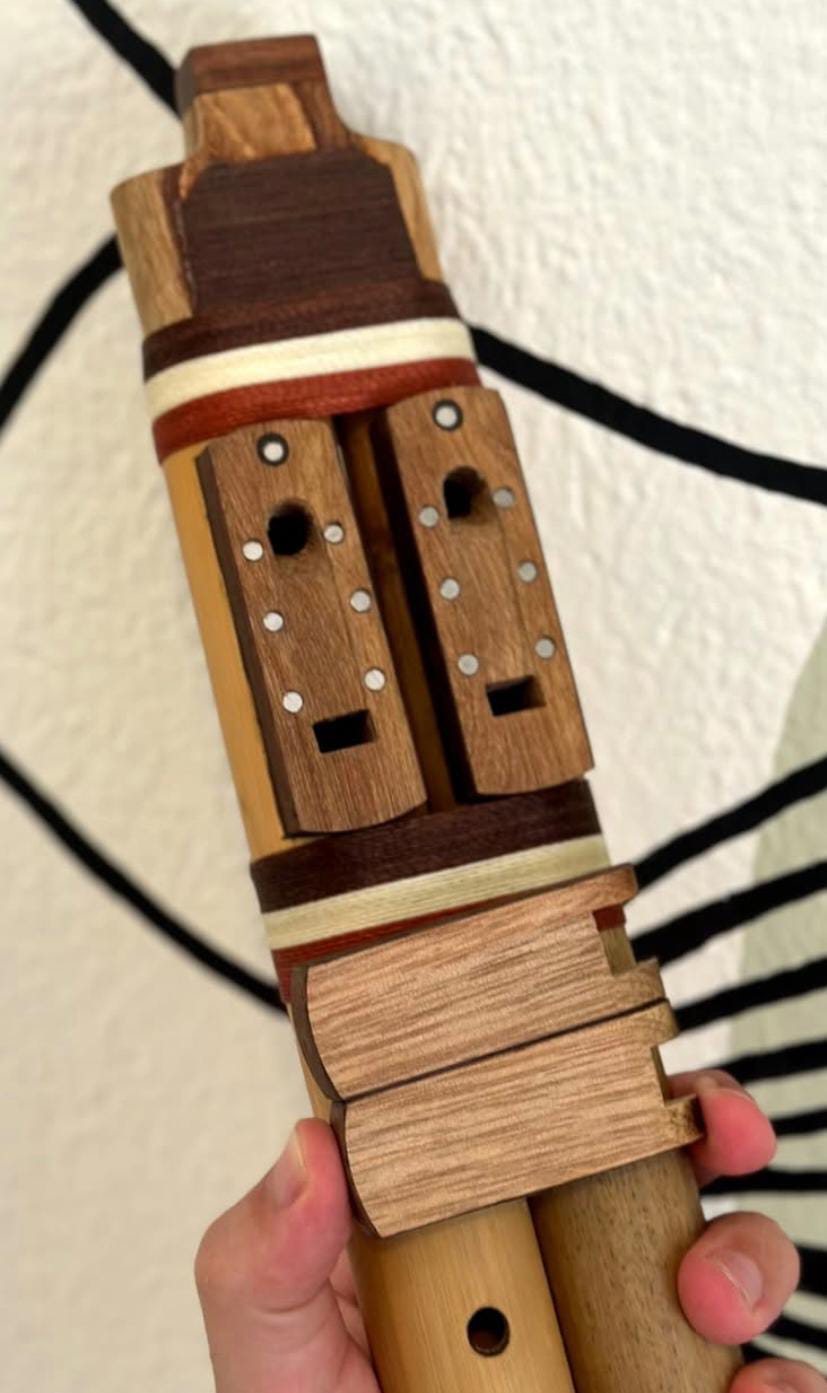 Shamanic Double Drone Flute – Bamboo & Wood – Key of Am or Fm