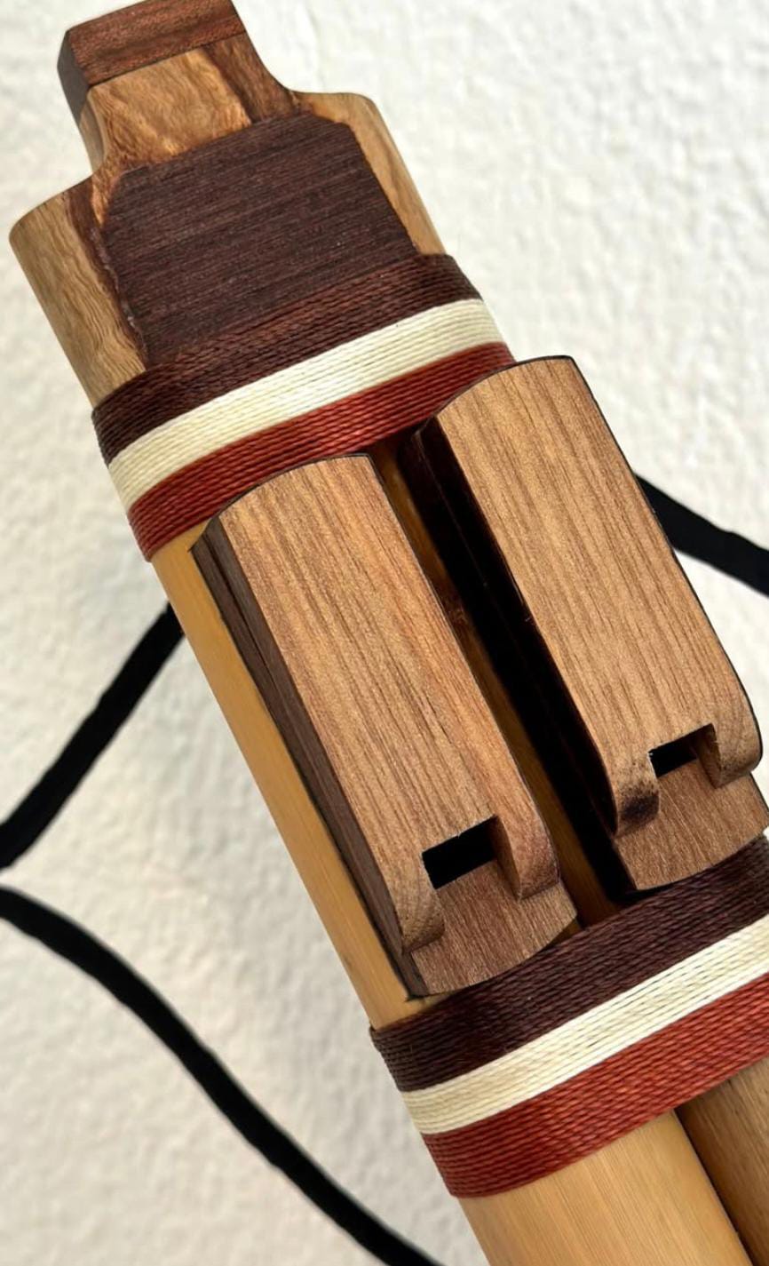 Shamanic Double Drone Flute – Bamboo & Wood – Key of Am or Fm